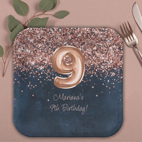  Rose Gold Navy Blue 9th Birthday Party Paper Plates