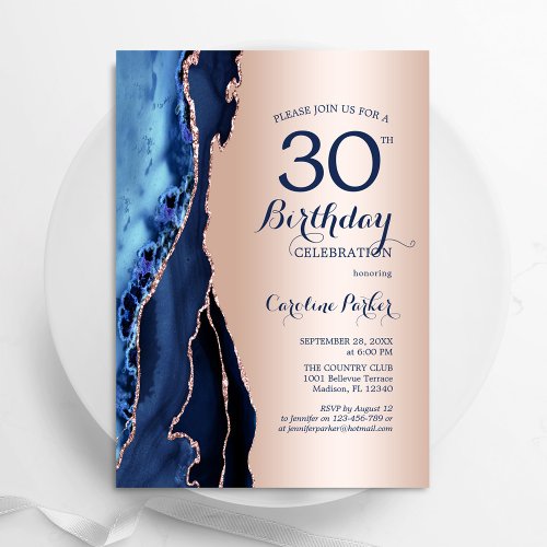 Rose Gold Navy Blue Agate 30th Birthday Invitation
