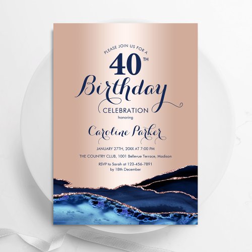 Rose Gold Navy Blue Agate 40th Birthday Invitation