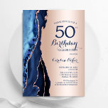 Rose Gold Navy Blue Agate 50th Birthday Invitation<br><div class="desc">Navy blue and rose gold agate 50th birthday party invitation. Elegant modern design featuring royal blue watercolor agate marble geode background,  faux glitter rose gold and typography script font. Trendy invite card perfect for a stylish women's bday celebration. Printed Zazzle invitations or instant download digital printable template.</div>