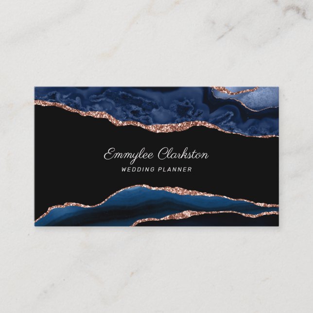 Rose Gold Navy Blue Agate Business Card (Front)