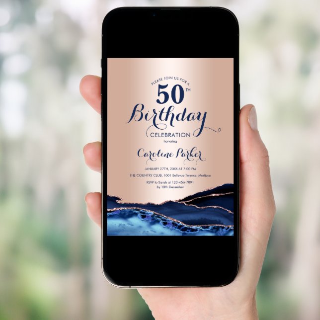 Rose Gold Navy Blue Agate Marble 50th Birthday Invitation (Front Digital)