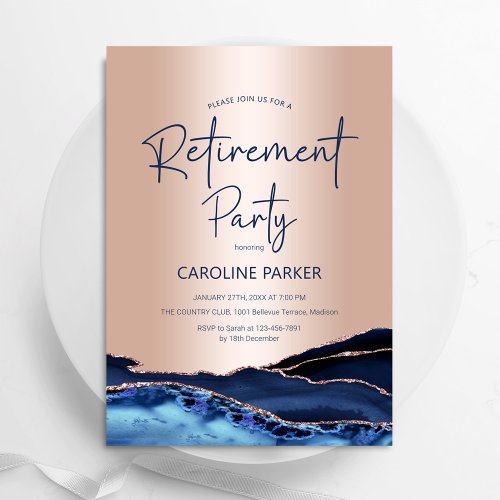Rose Gold Navy Blue Agate Retirement Party Invitation