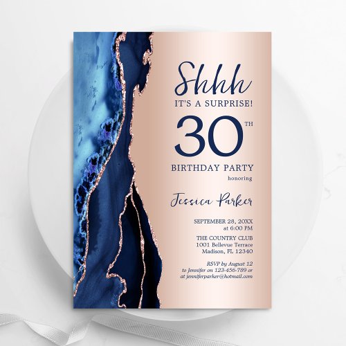 Rose Gold Navy Blue Agate Surprise 30th Birthday Invitation