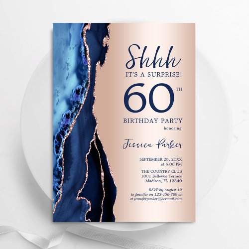 Rose Gold Navy Blue Agate Surprise 60th Birthday Invitation