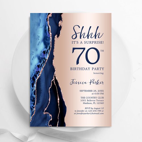 Rose Gold Navy Blue Agate Surprise 70th Birthday Invitation