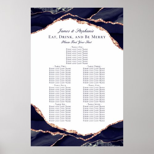 Rose Gold Navy Blue Agate Wedding Seating Chart
