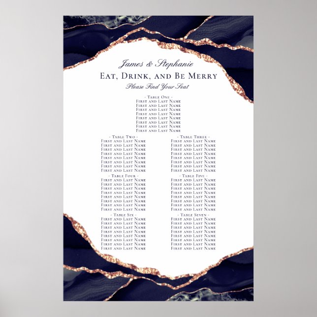 Rose Gold Navy Blue Agate Wedding Seating Chart (Front)