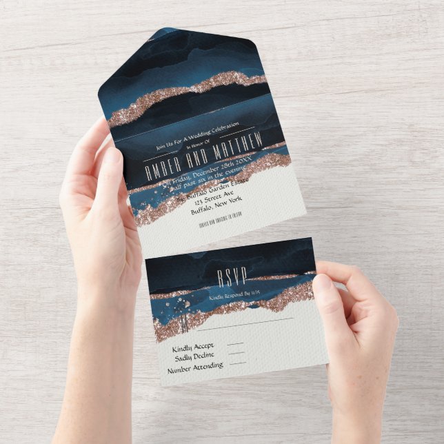 Rose Gold Navy Blue Alcohol Ink Wedding  All In One Invitation (Tearaway)