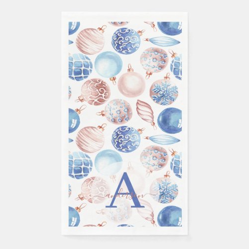 Rose Gold Navy Blue Baubles Monogrammed Christmas Paper Guest Towels