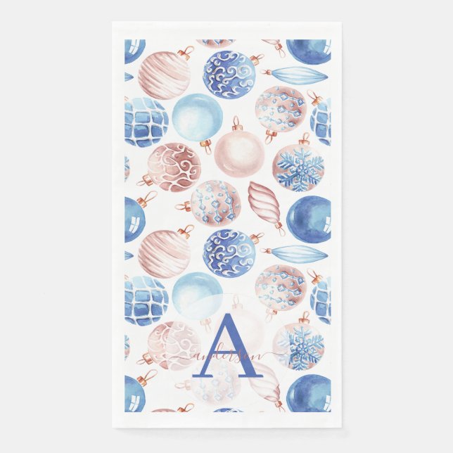 Rose Gold Navy Blue Baubles Monogrammed Christmas Paper Guest Towels (Front)