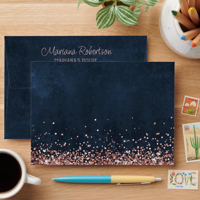  Rose Gold Navy Blue Birthday Party Envelope (Desk)