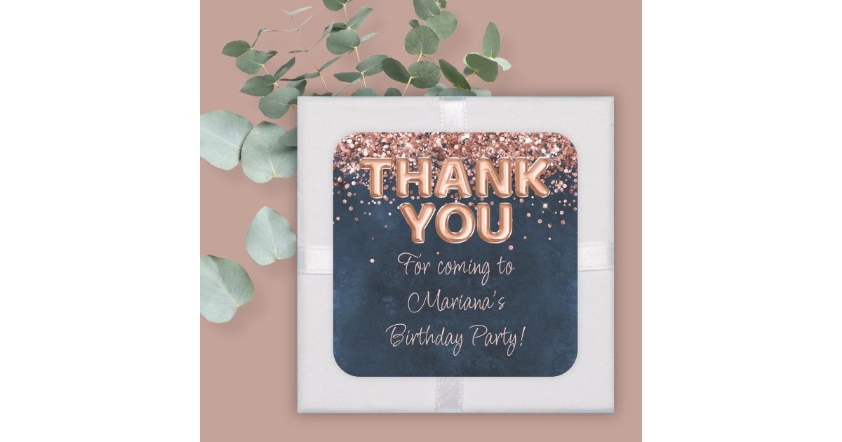 Rose Gold Navy Blue Birthday Party Favors Square Sticker | Zazzle