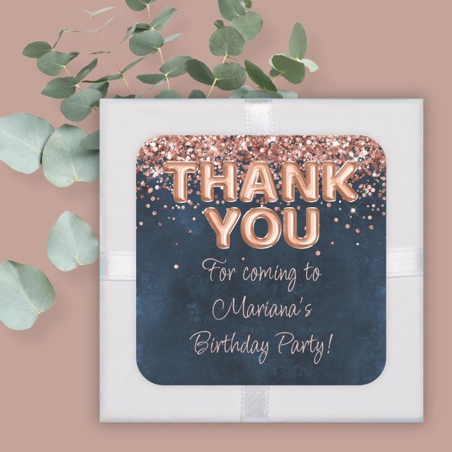 Rose Gold Navy Blue Birthday Party Favors Square Sticker (Creator Uploaded)