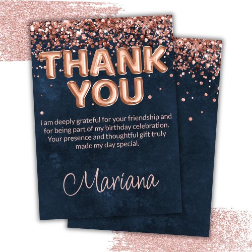 Rose Gold Navy Blue Birthday Party Thank You Card
