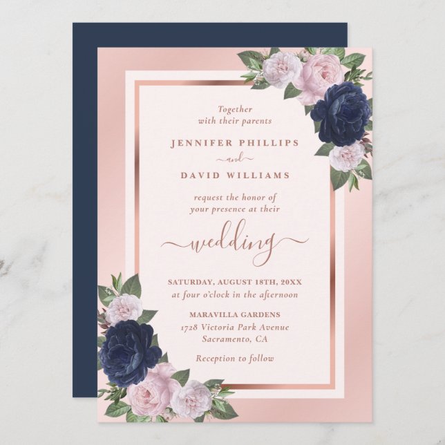 Rose Gold Navy Blue Blush Floral Wedding Invitation (Front/Back)