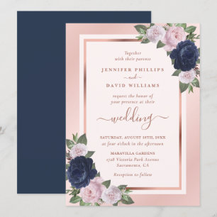 Rose Gold Navy Blue Blush Floral Wedding Invitation