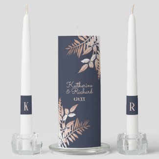 Rose Gold Navy Blue Botanical Wedding Unity Candle Set