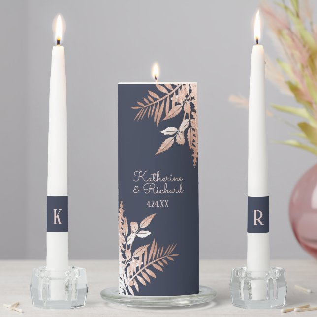 Rose Gold Navy Blue Botanical Wedding Unity Candle Set (In Situ)