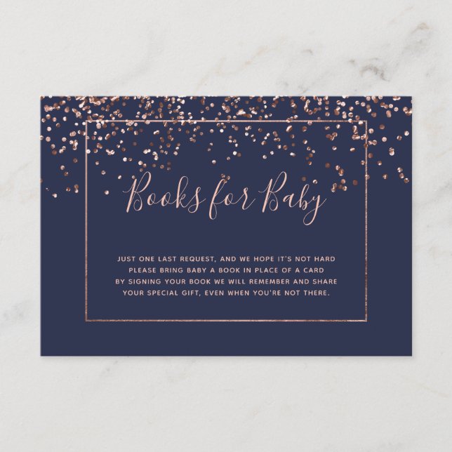 Rose gold navy blue bring a book baby shower enclosure card (Front)