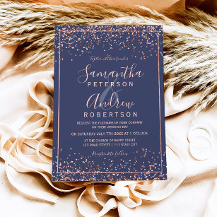 Rose gold navy blue confetti typography wedding invitation