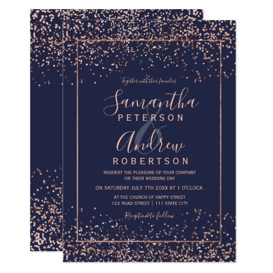 Rose gold navy blue confetti typography wedding invitation