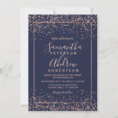 Rose gold navy blue confetti typography wedding invitation (Front)