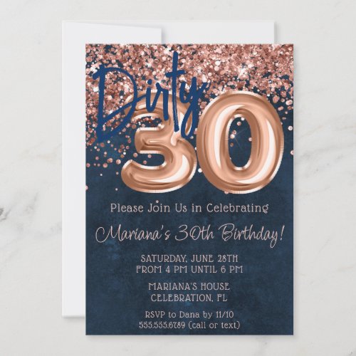 Rose Gold Navy Blue Dirty 30 Thirty Birthday Party Invitation