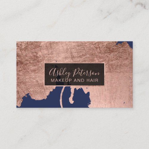 Rose gold navy blue drips hair makeup typography business card