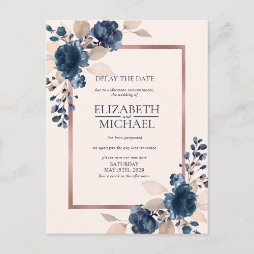 Rose Gold Navy Blue Dusty Pink Floral Delay Date Postcard