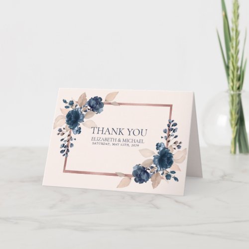 Rose Gold Navy Blue Dusty Pink Floral Thank You Card