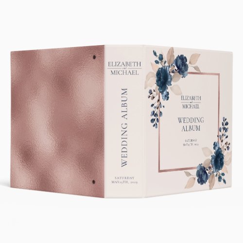 Rose Gold Navy Blue Dusty Pink Floral Wedding 3 Ring Binder