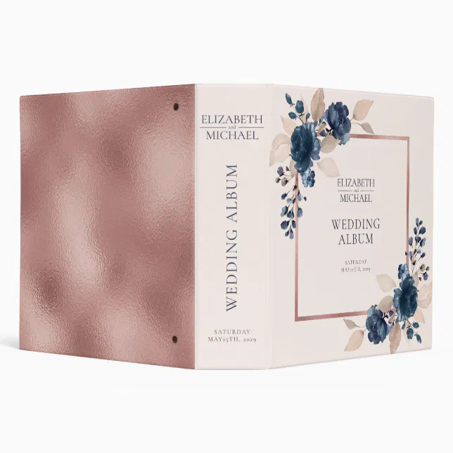 Rose Gold Navy Blue Dusty Pink Floral Wedding 3 Ring Binder | Zazzle