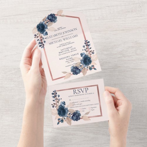 Rose Gold Navy Blue Dusty Pink Floral Wedding All In One Invitation