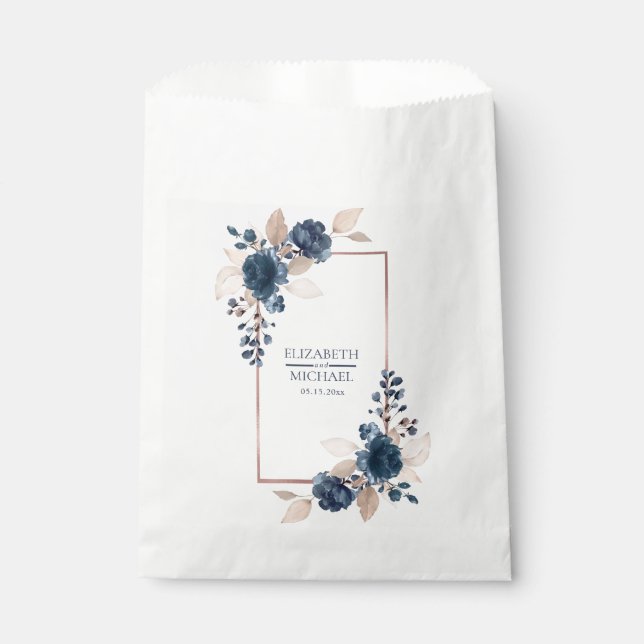 Rose Gold Navy Blue Dusty Pink Floral Wedding Favor Bag (Front)