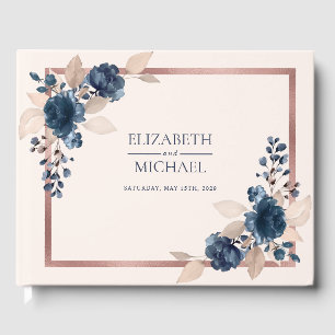 Rose Gold Navy Blue Dusty Pink Floral Wedding Guest Book