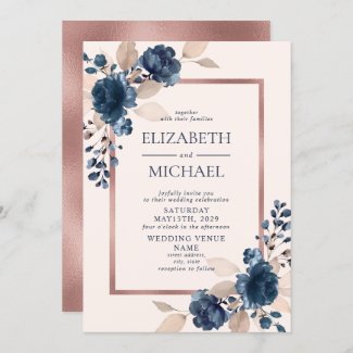Rose Gold and Navy Blue Wedding Invitation with Roses