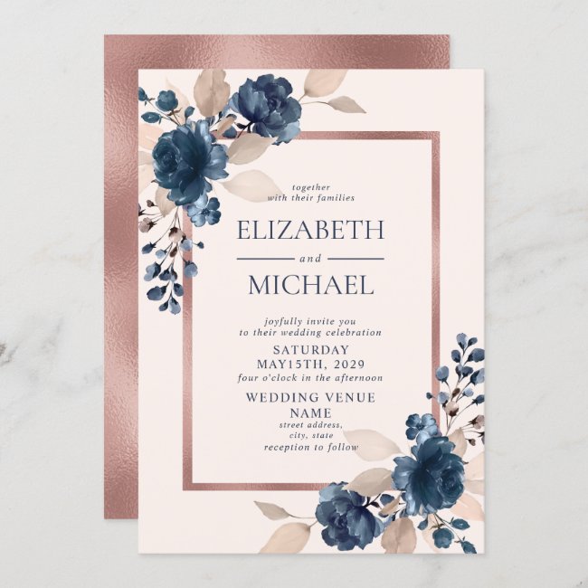 Rose Gold Navy Blue Dusty Pink Floral Wedding Invitation