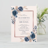 Rose Gold Navy Blue Dusty Pink Floral Wedding Invitation (Standing Front)