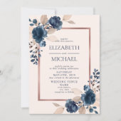 Rose Gold Navy Blue Dusty Pink Floral Wedding Invitation (Front)