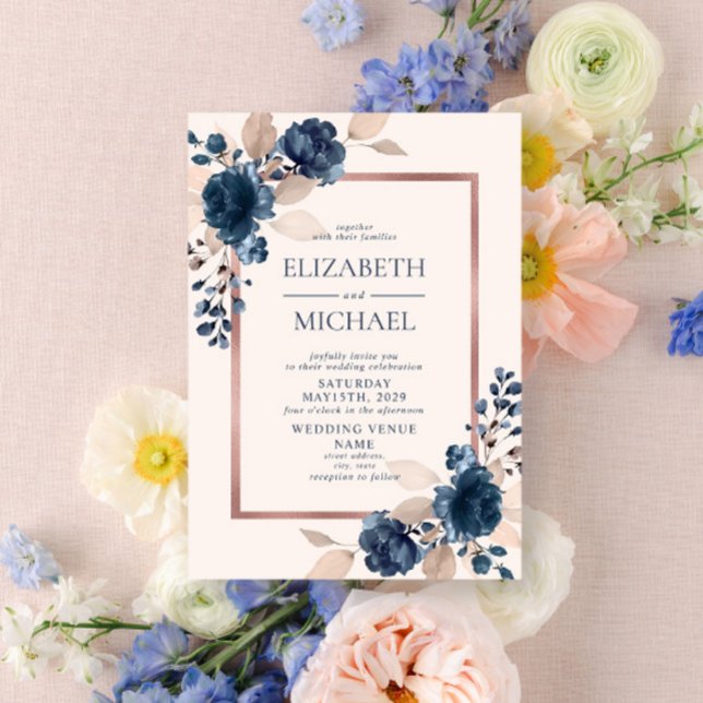 Rose Gold Navy Blue Dusty Pink Floral Wedding Invitation (Creator Uploaded)