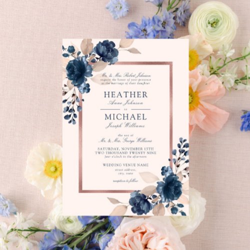 Rose Gold Navy Blue Dusty Pink Floral Wedding Invitation