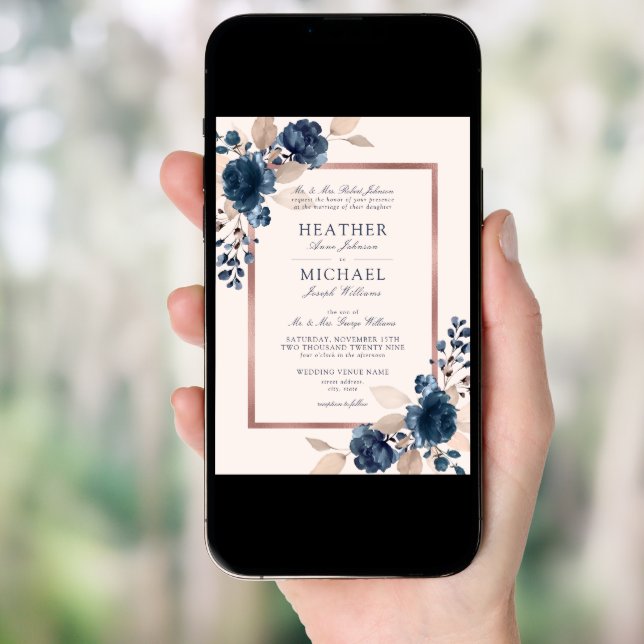 Rose Gold Navy Blue Dusty Pink Floral Wedding Invitation (Front Digital)