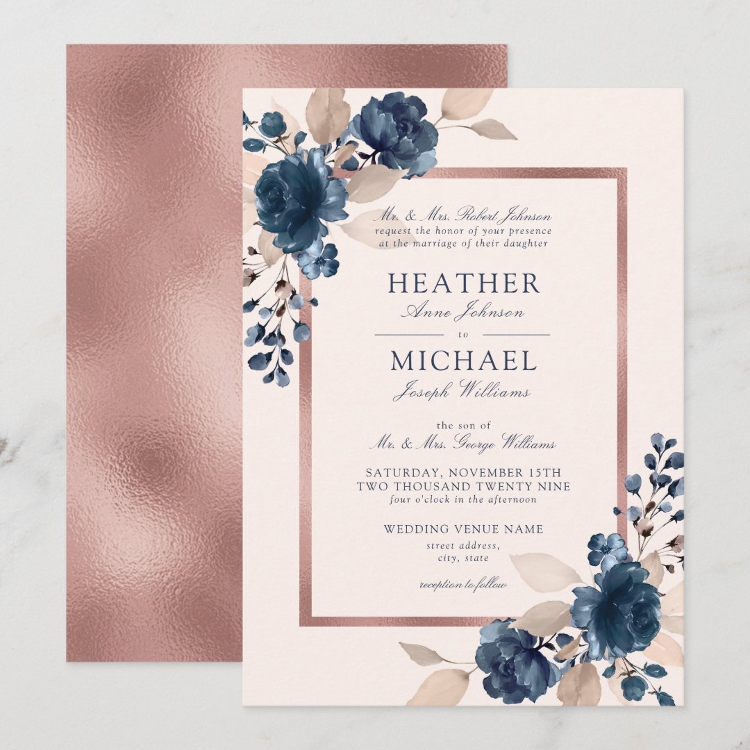 Rose Gold Navy Blue Dusty Pink Floral Wedding Invitation | Zazzle