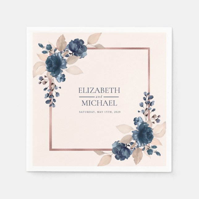 Rose Gold Navy Blue Dusty Pink Floral Wedding Napkins (Front)