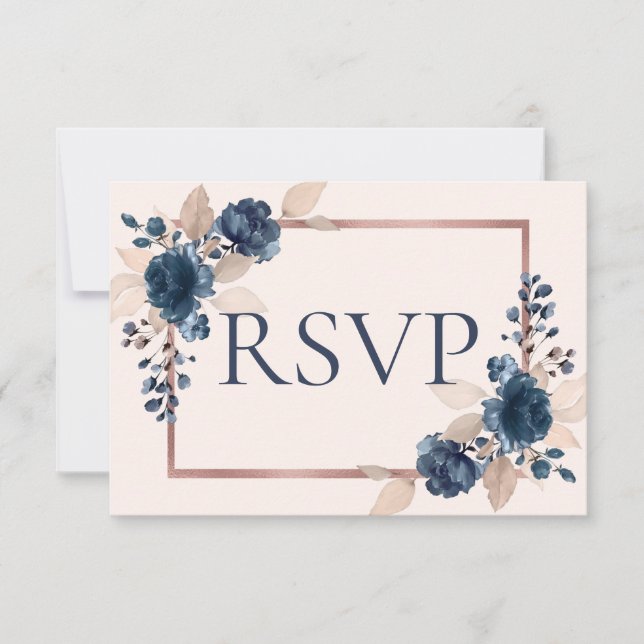 Rose Gold Navy Blue Dusty Pink Floral Wedding RSVP Card (Front)