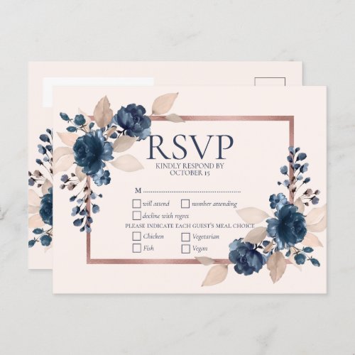 Rose Gold Navy Blue Dusty Pink Floral Wedding RSVP Invitation Postcard