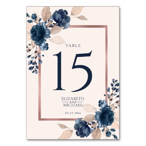 Rose Gold Navy Blue Dusty Pink Floral Wedding Table Number