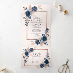 Rose Gold Navy Blue Dusty Pink Floral Wedding Tri-Fold Invitation