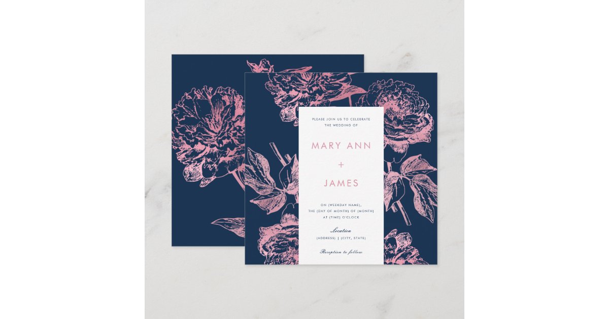 Rose Gold Navy Blue Elegant Floral Wedding Invitation | Zazzle